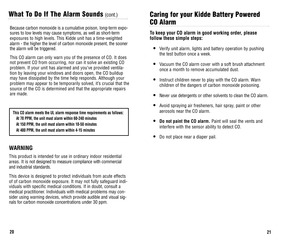 Caring for your kidde battery powered co alarm, What to do if the alarm sounds | Kidde KN-COB-B User Manual | Page 11 / 15