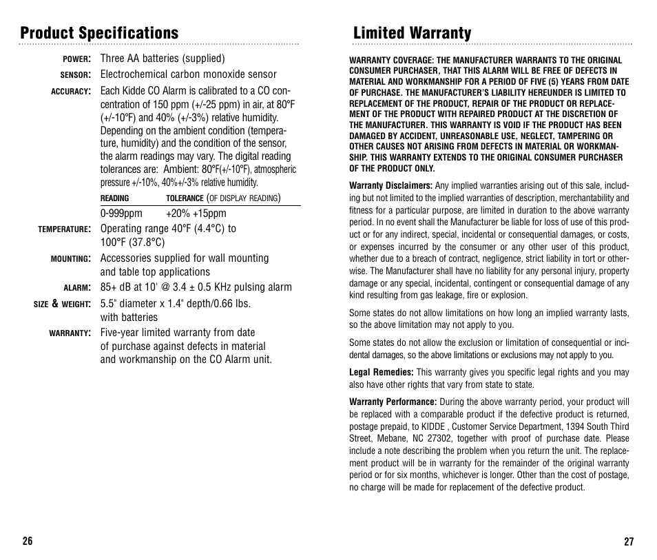 Limited warranty, Product specifications | Kidde KN-COB-B User Manual | Page 14 / 15