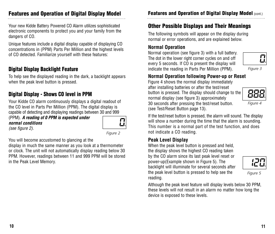 Other possible displays and their meanings, Features and operation of digital display model, Digital display backlight feature | Digital display - shows co level in ppm | Kidde KN-COB-B User Manual | Page 6 / 15