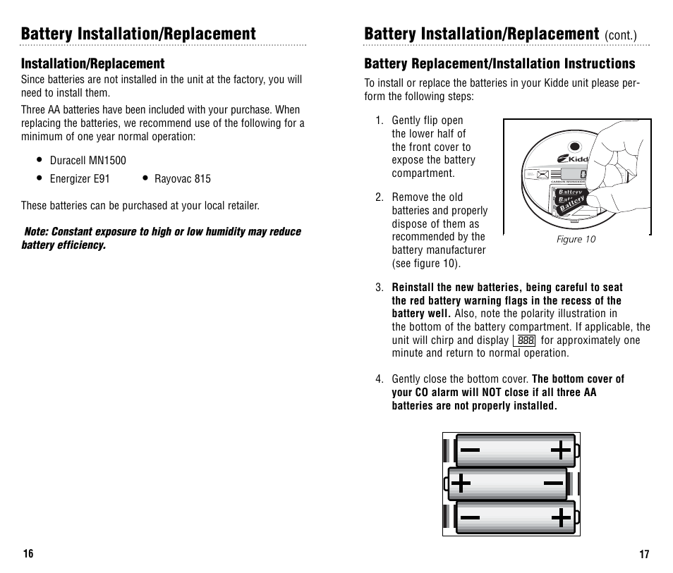 Battery installation/replacement, Battery replacement/installation instructions, Installation/replacement | Kidde KN-COB-B User Manual | Page 9 / 15