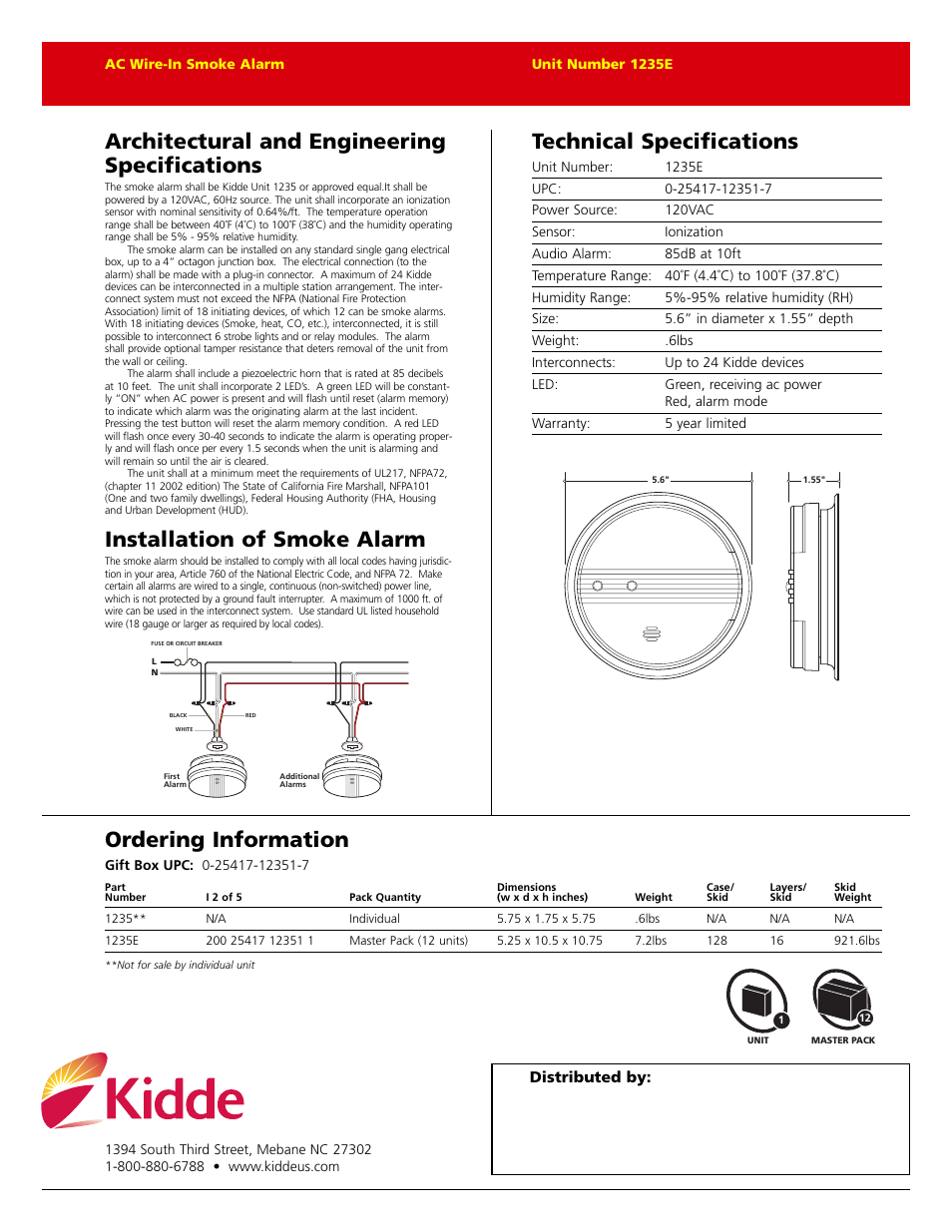 Architectural and engineering specifications, Technical specifications, Ordering information | Installation of smoke alarm | Kidde 1235E User Manual | Page 2 / 2
