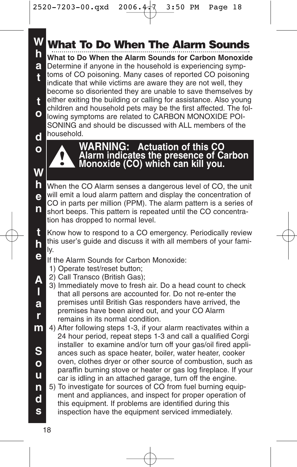 What to do when the alarm sounds, Warning | Kidde KN-COPD-3-UK User Manual | Page 20 / 29