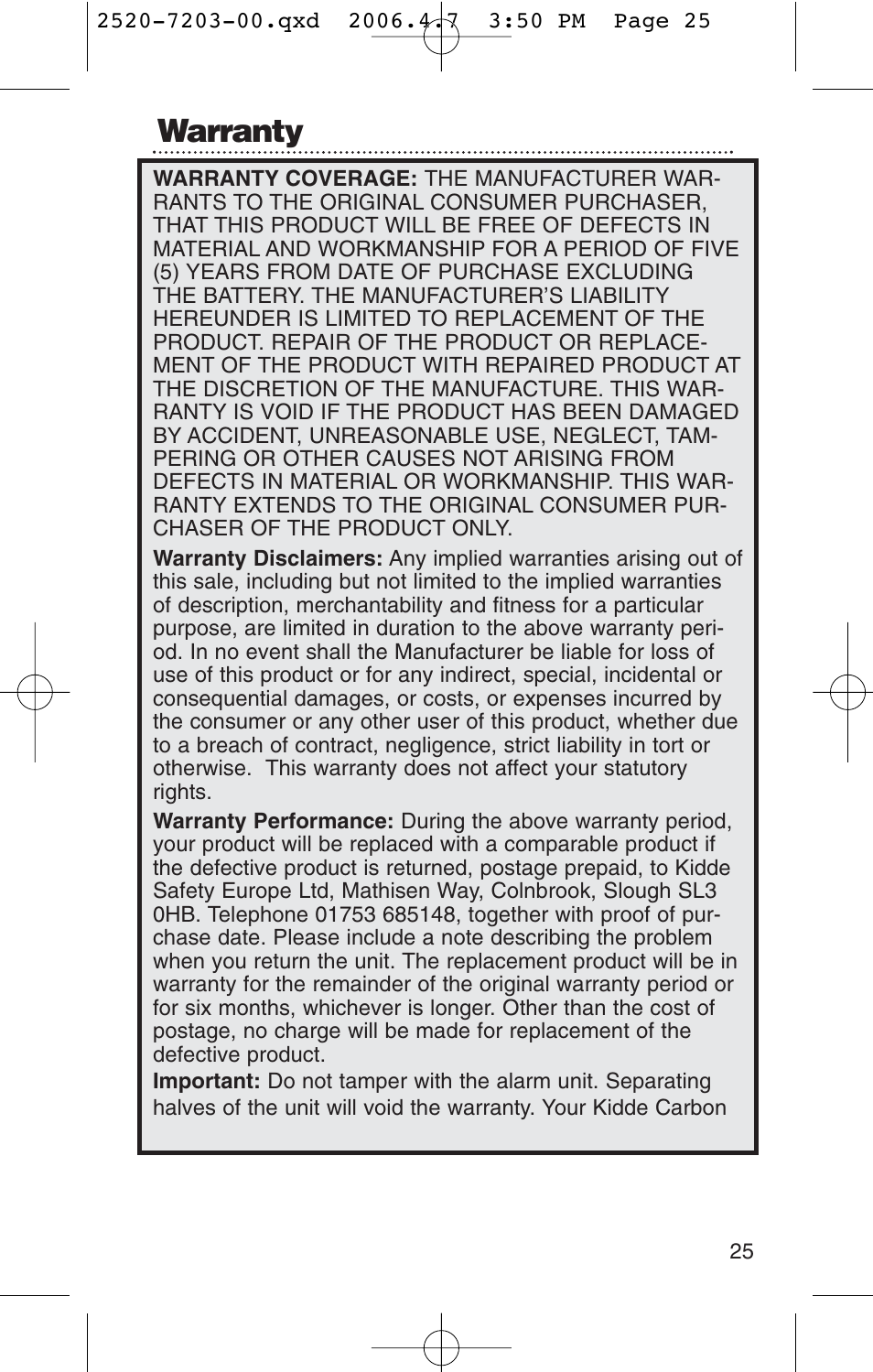 Warranty | Kidde KN-COPD-3-UK User Manual | Page 27 / 29
