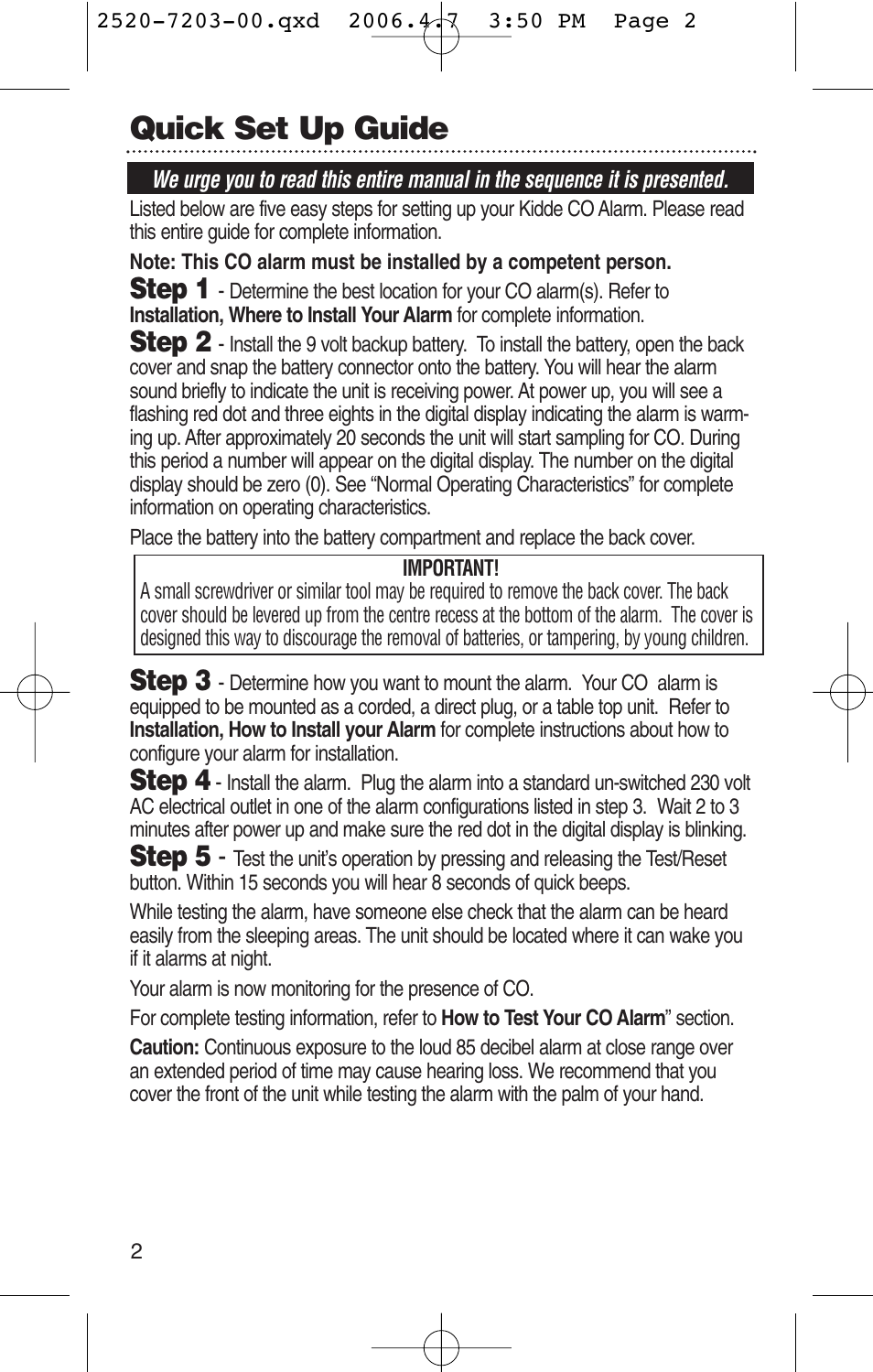 Quick set up guide, Step 1, Step 2 | Step 3, Step 4, Step 5 | Kidde KN-COPD-3-UK User Manual | Page 4 / 29