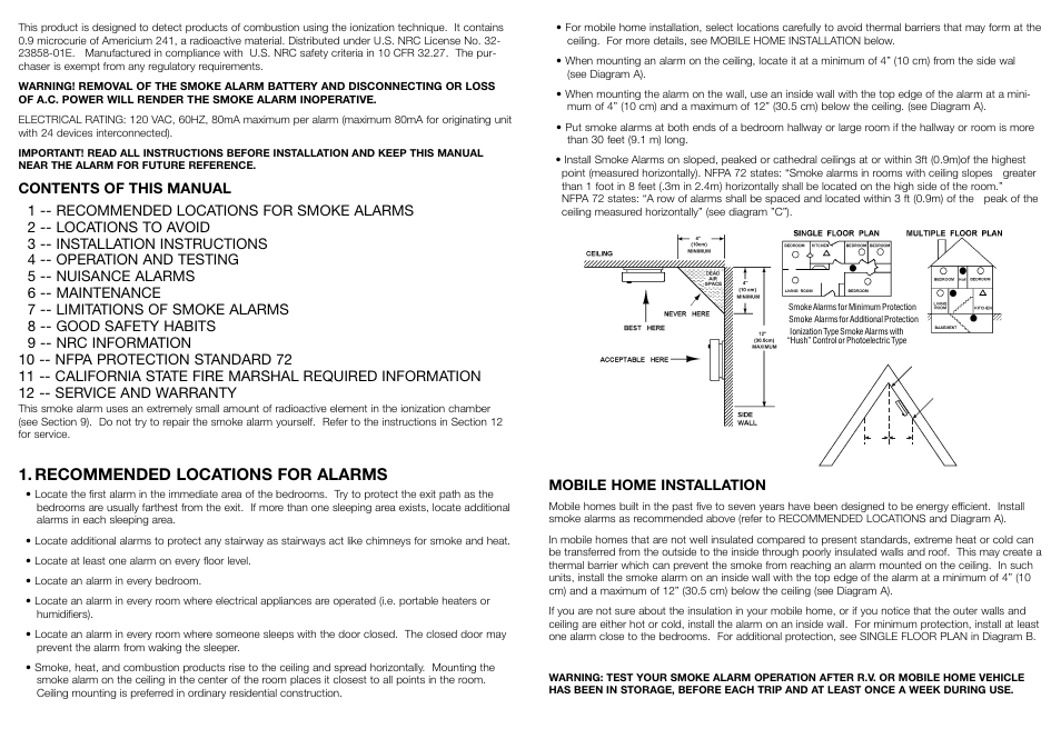 Recommended locations for alarms, Mobile home installation | Kidde 1285 User Manual | Page 2 / 7