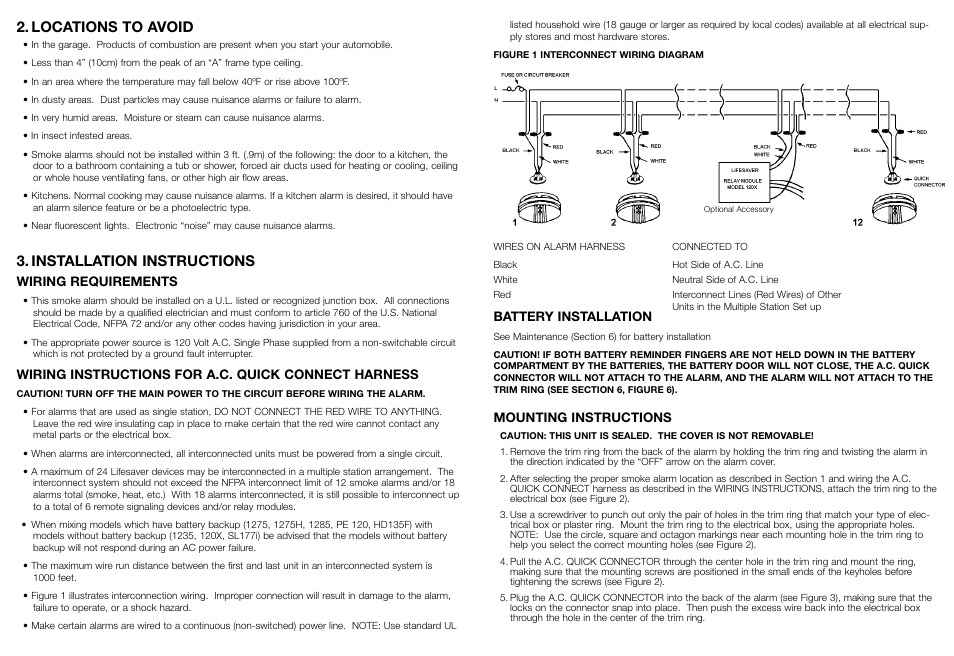 Locations to avoid, Installation instructions, Battery installation | Mounting instructions, Wiring requirements, Wiring instructions for a.c. quick connect harness | Kidde 1285 User Manual | Page 3 / 7