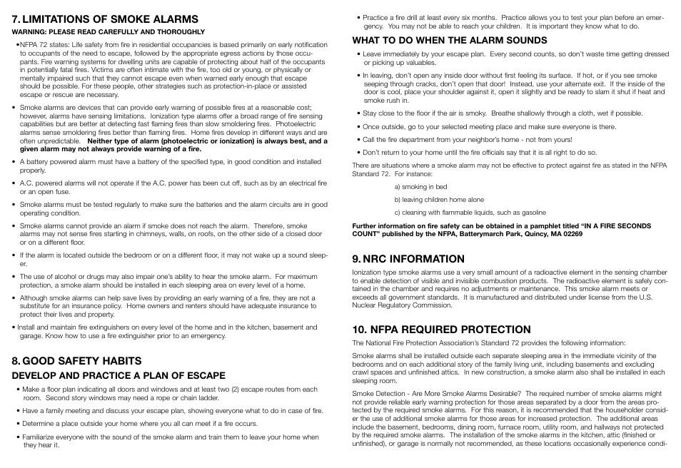 Nrc information, Nfpa required protection, Limitations of smoke alarms | Good safety habits, What to do when the alarm sounds, Develop and practice a plan of escape | Kidde 1285 User Manual | Page 6 / 7