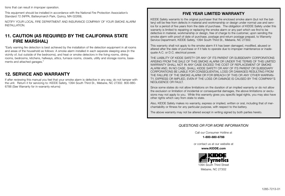 Fyrnetics, Service and warranty | Kidde 1285 User Manual | Page 7 / 7