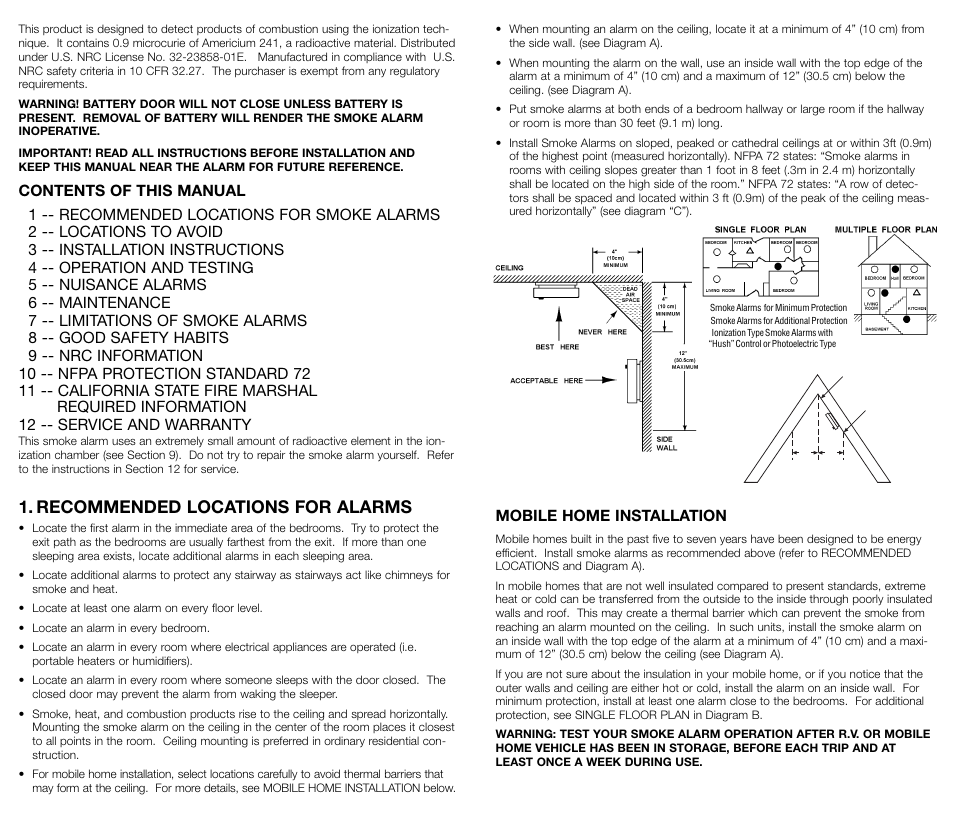 Recommended locations for alarms, Mobile home installation | Kidde 0918K User Manual | Page 2 / 7