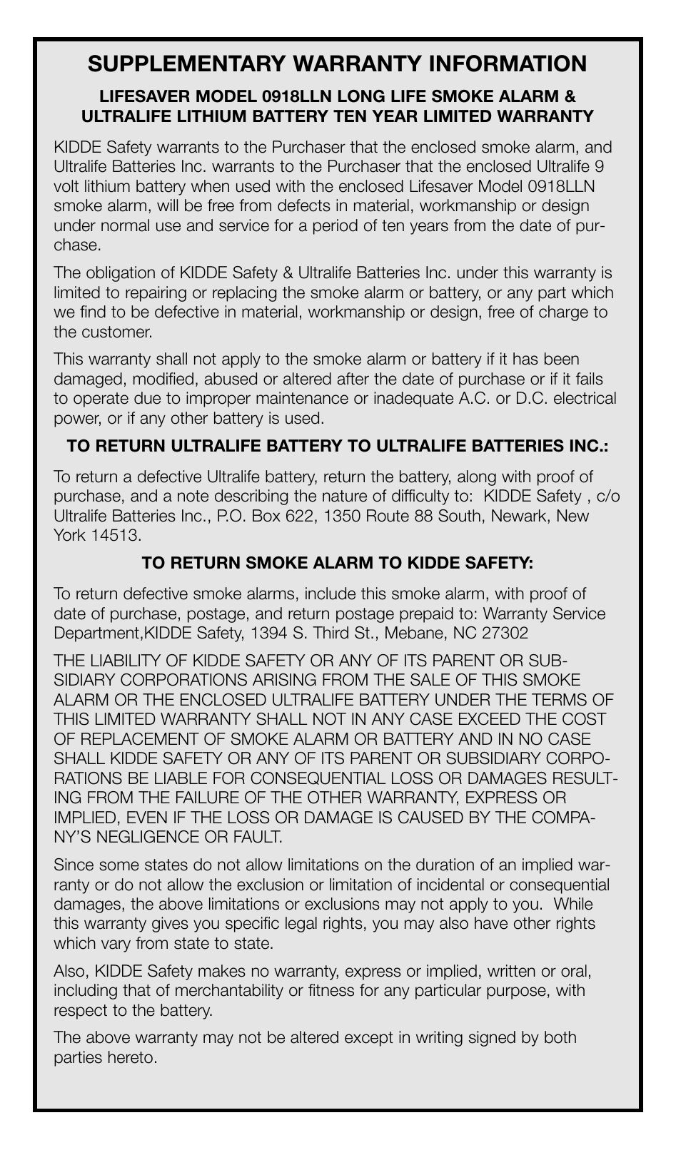 Supplementary warranty information | Kidde 0918K User Manual | Page 7 / 7