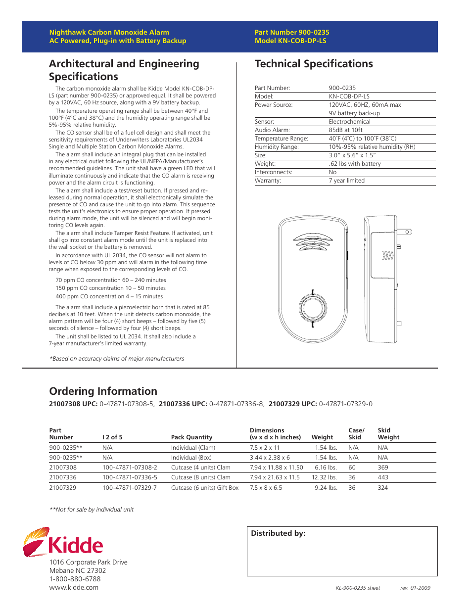Architectural and engineering specifications, Technical specifications, Ordering information | Kidde KN-COB-DP-LS User Manual | Page 2 / 2