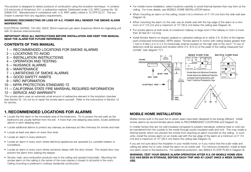 Recommended locations for alarms, Mobile home installation | Kidde 1235 User Manual | Page 2 / 6