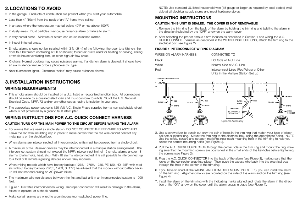 Locations to avoid, Installation instructions, Mounting instructions | Wiring requirements, Wiring instructions for a.c. quick connect harness | Kidde 1235 User Manual | Page 3 / 6