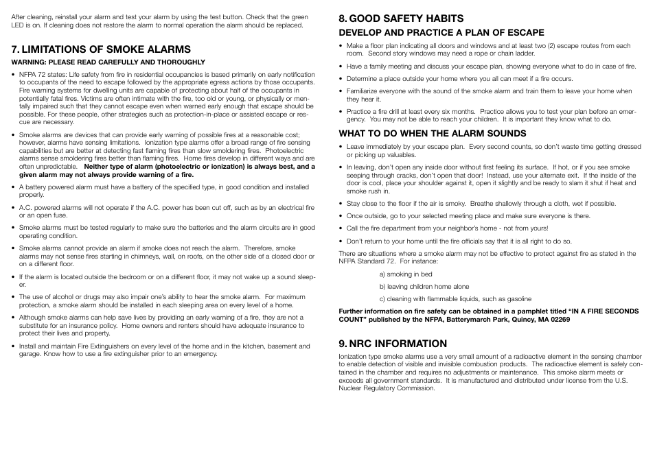 Good safety habits, Nrc information, Limitations of smoke alarms | Develop and practice a plan of escape, What to do when the alarm sounds | Kidde 1235 User Manual | Page 5 / 6