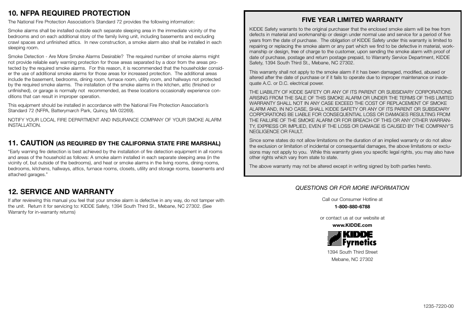 Fyrnetics, Nfpa required protection, Caution | Service and warranty | Kidde 1235 User Manual | Page 6 / 6