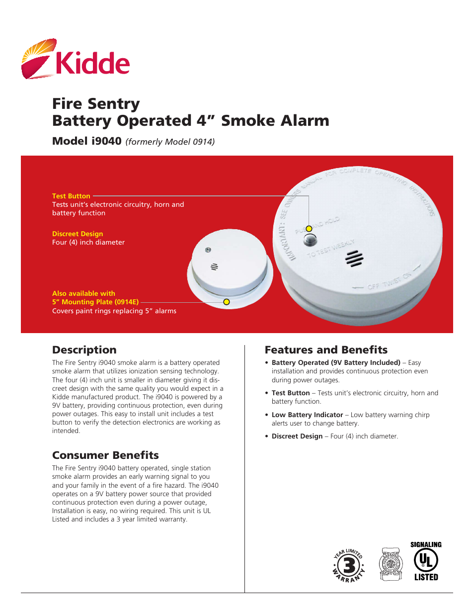 Kidde FIRE SENTRY I9040 User Manual | 2 pages