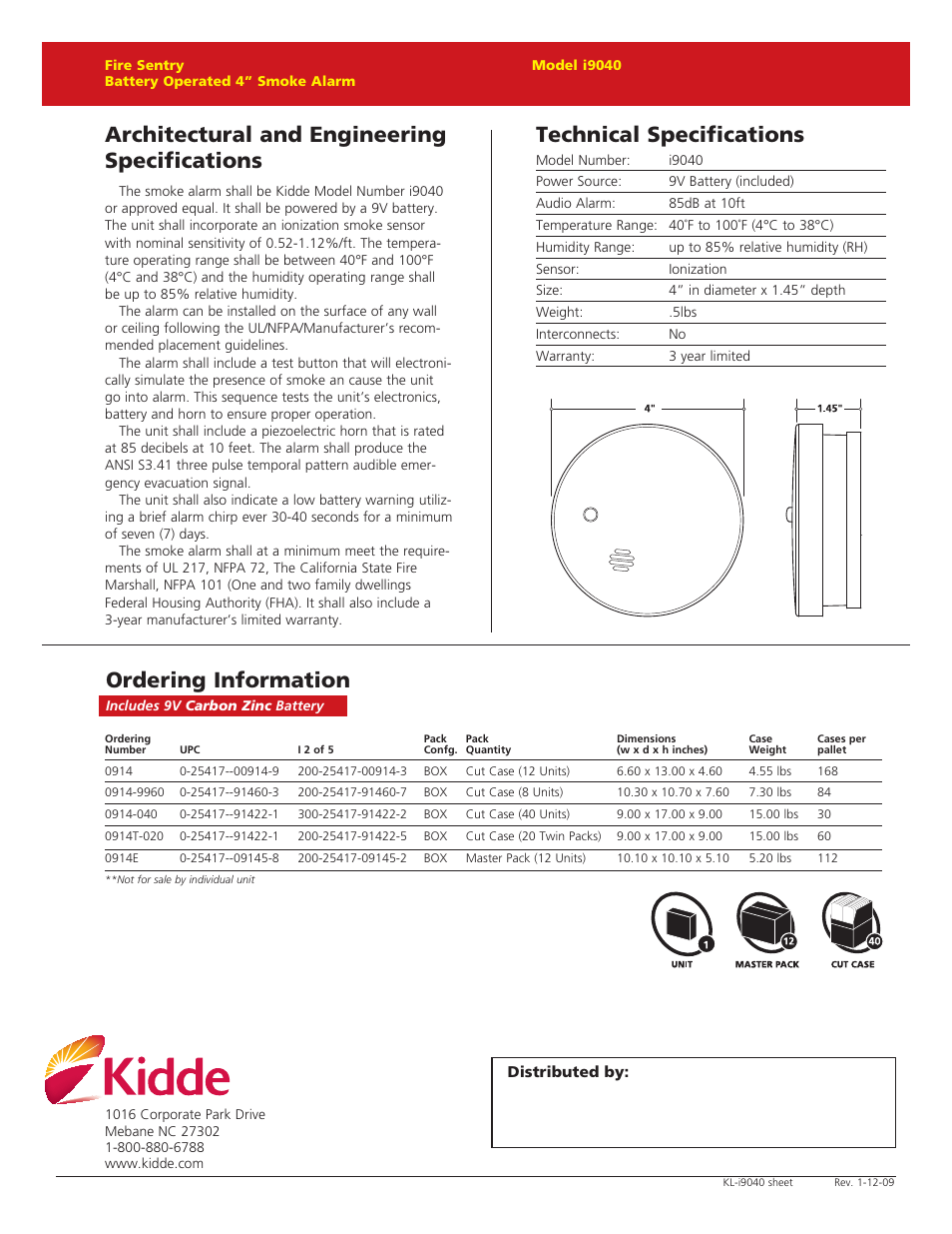 Technical specifications, Architectural and engineering specifications, Ordering information | Kidde FIRE SENTRY I9040 User Manual | Page 2 / 2