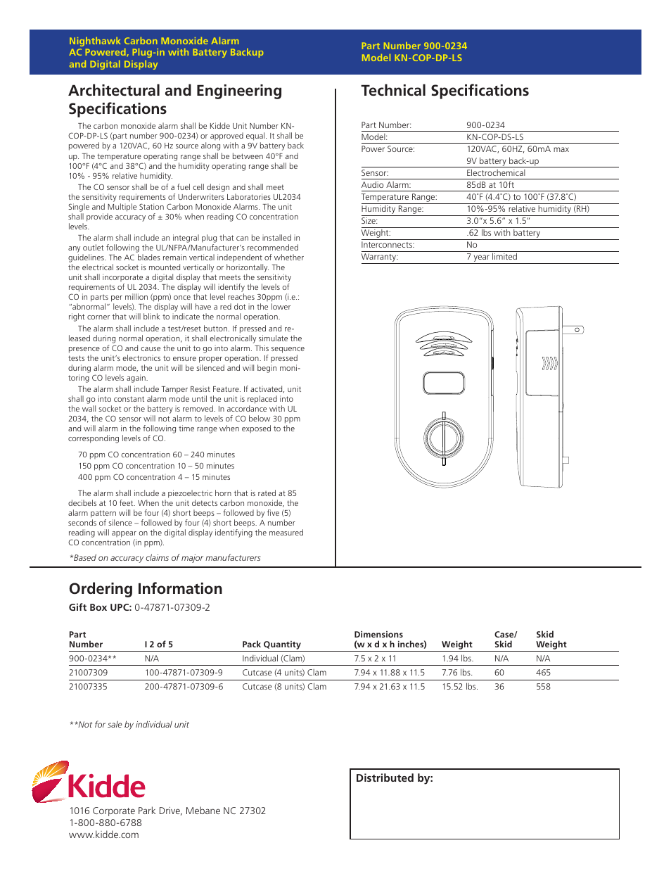 Architectural and engineering specifications, Technical specifications, Ordering information | Kidde KN-COP-DP-LS User Manual | Page 2 / 2