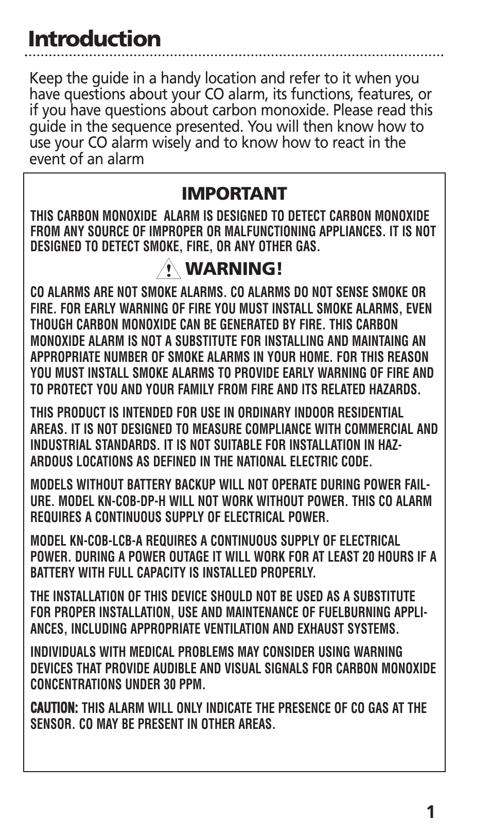 Introduction, 1important, Warning | Kidde KN-COB-LCB-A User Manual | Page 3 / 25