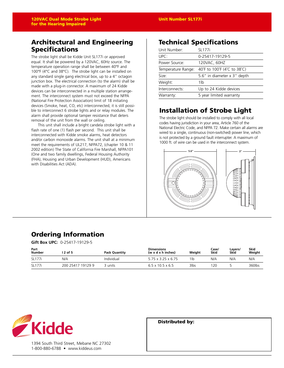 Architectural and engineering specifications, Installation of strobe light, Technical specifications | Ordering information | Kidde SL177i User Manual | Page 2 / 2