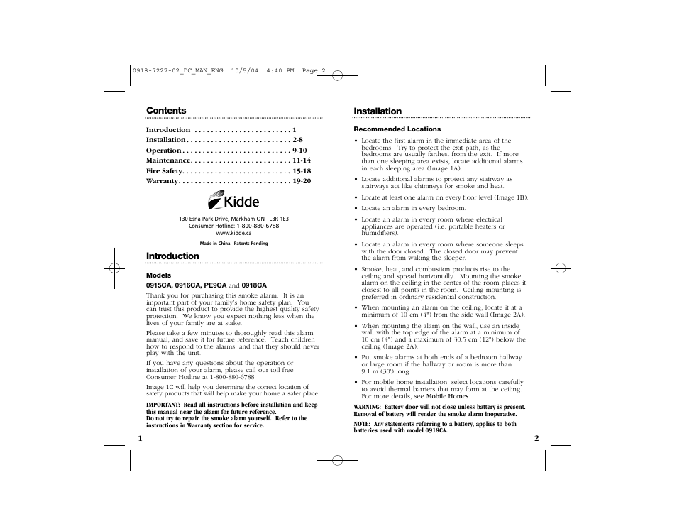 Kidde 0915CA User Manual | Page 2 / 12