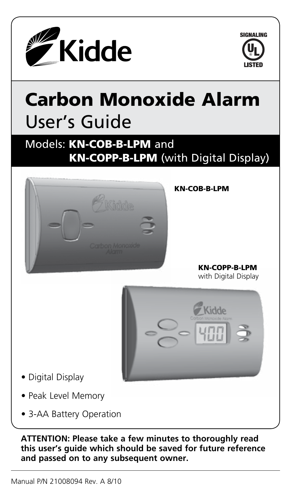 Kidde Carbon Monoxide Alarm KN-COPP-B-LPM (with Digital Display) User Manual | 10 pages