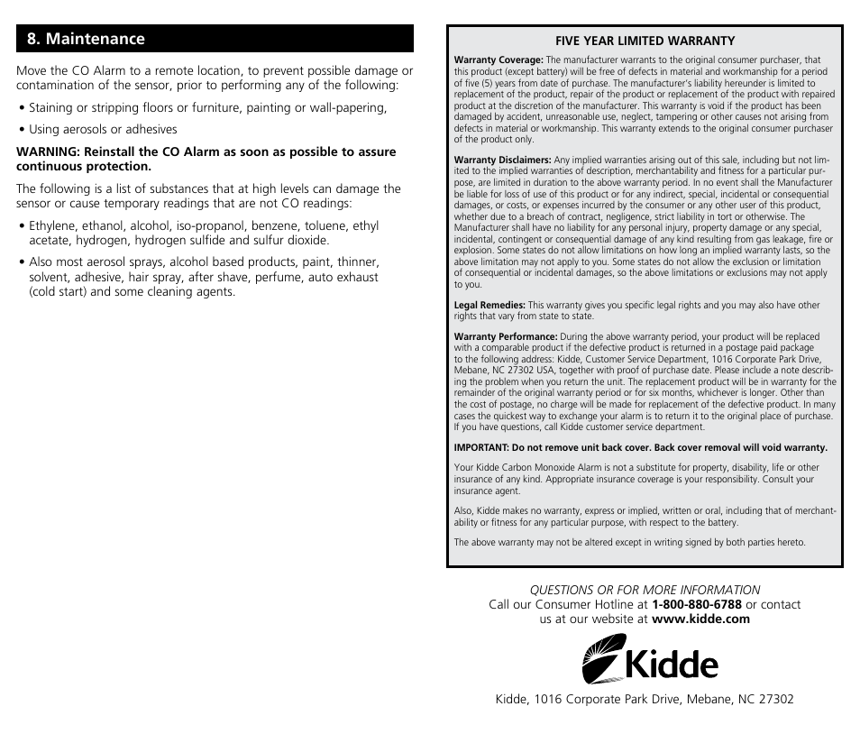 Maintenance | Kidde Carbon Monoxide Alarm KN-COPP-B-LPM (with Digital Display) User Manual | Page 10 / 10