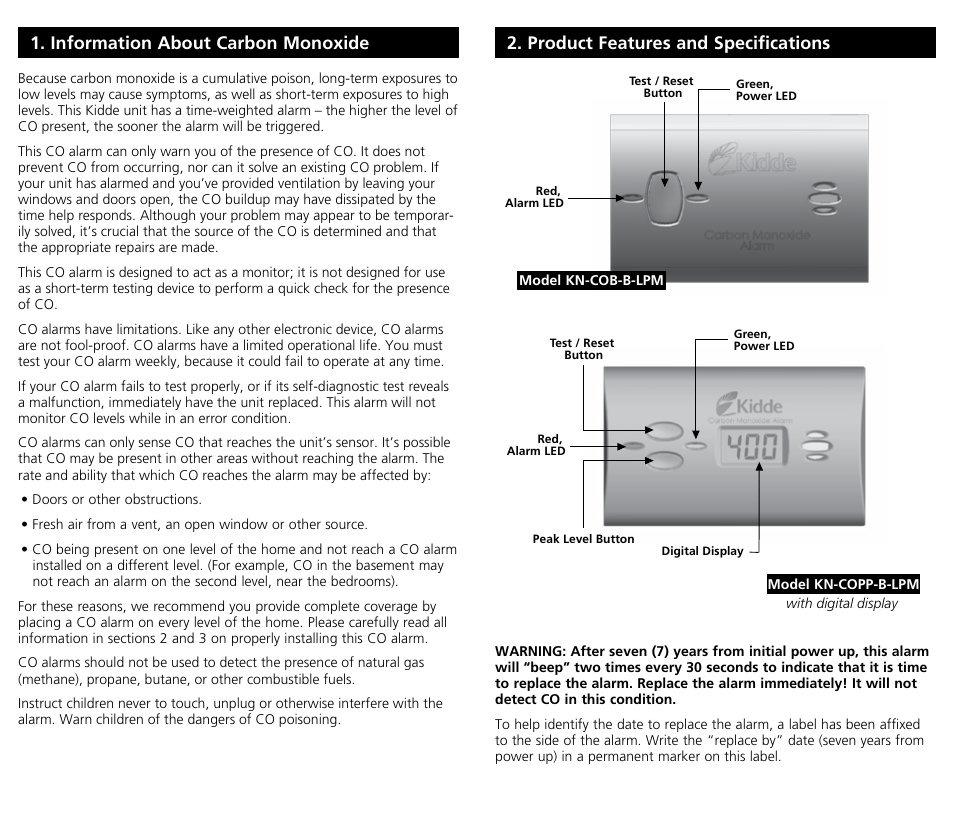 Product features and specifications, Information about carbon monoxide | Kidde Carbon Monoxide Alarm KN-COPP-B-LPM (with Digital Display) User Manual | Page 5 / 10