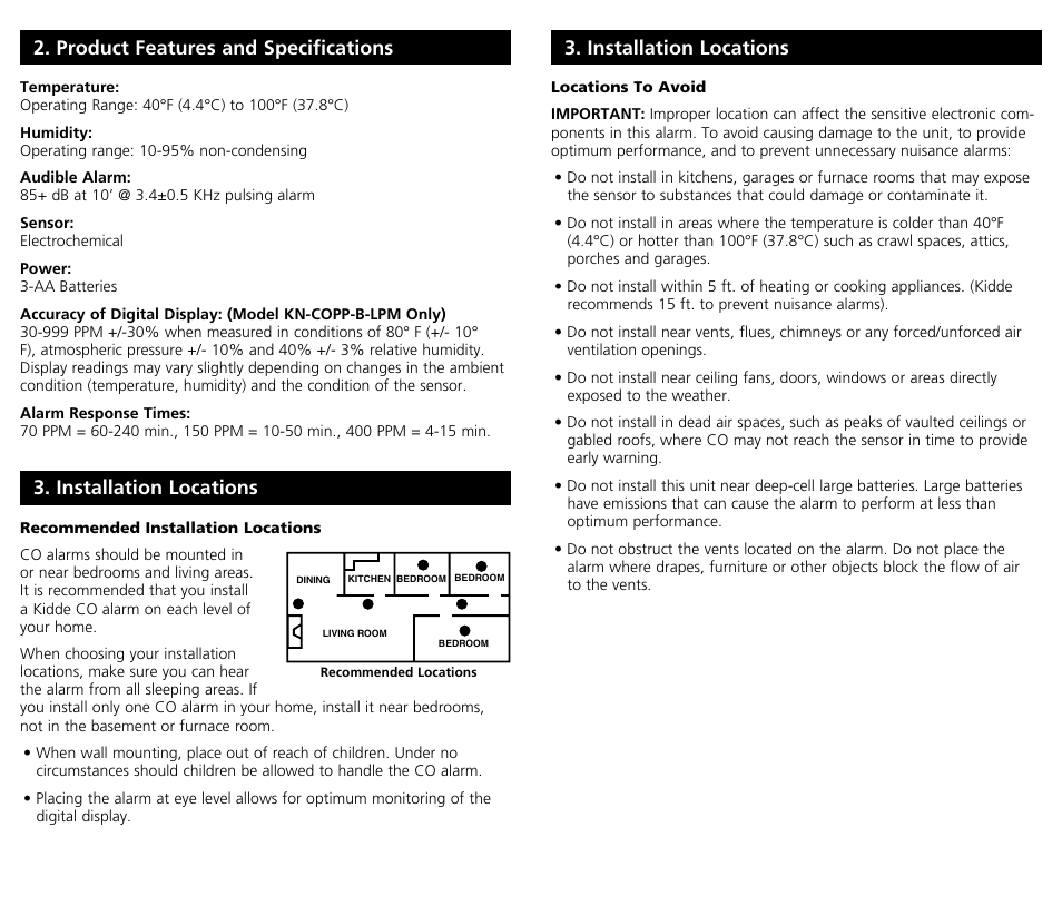 Installation locations, Product features and specifications | Kidde Carbon Monoxide Alarm KN-COPP-B-LPM (with Digital Display) User Manual | Page 6 / 10