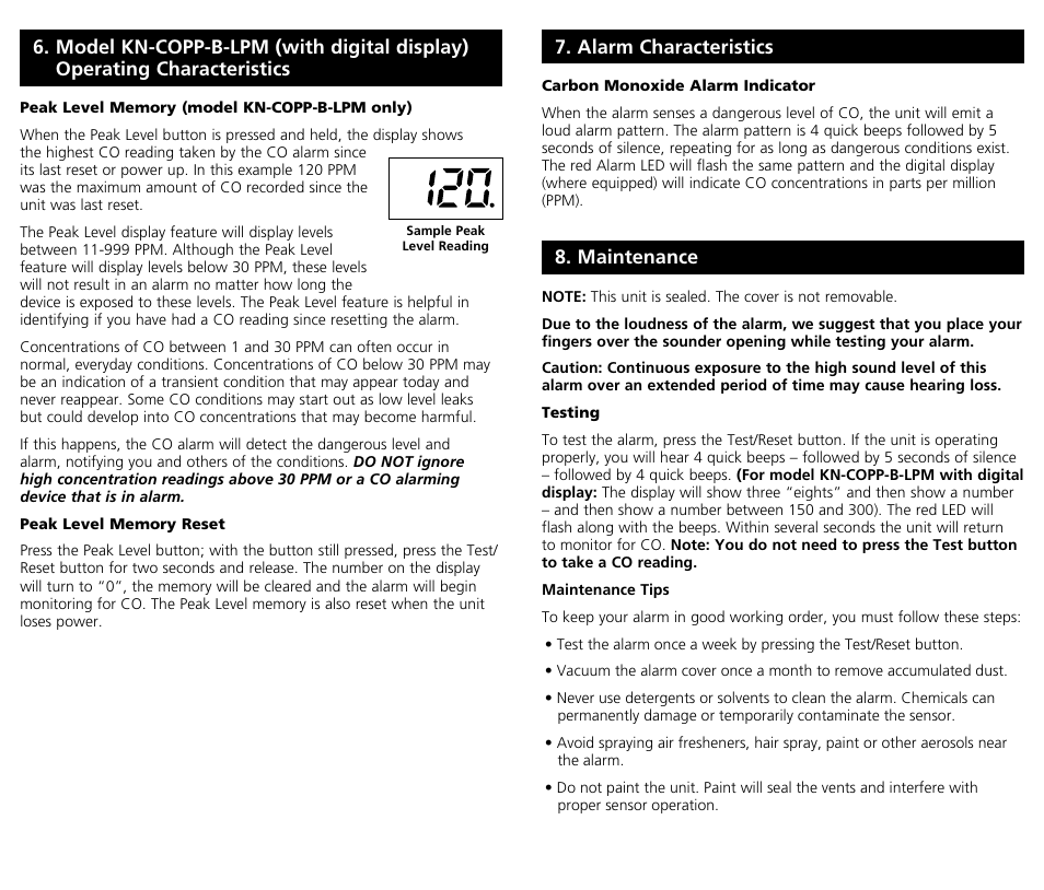 Maintenance, Alarm characteristics | Kidde Carbon Monoxide Alarm KN-COPP-B-LPM (with Digital Display) User Manual | Page 9 / 10