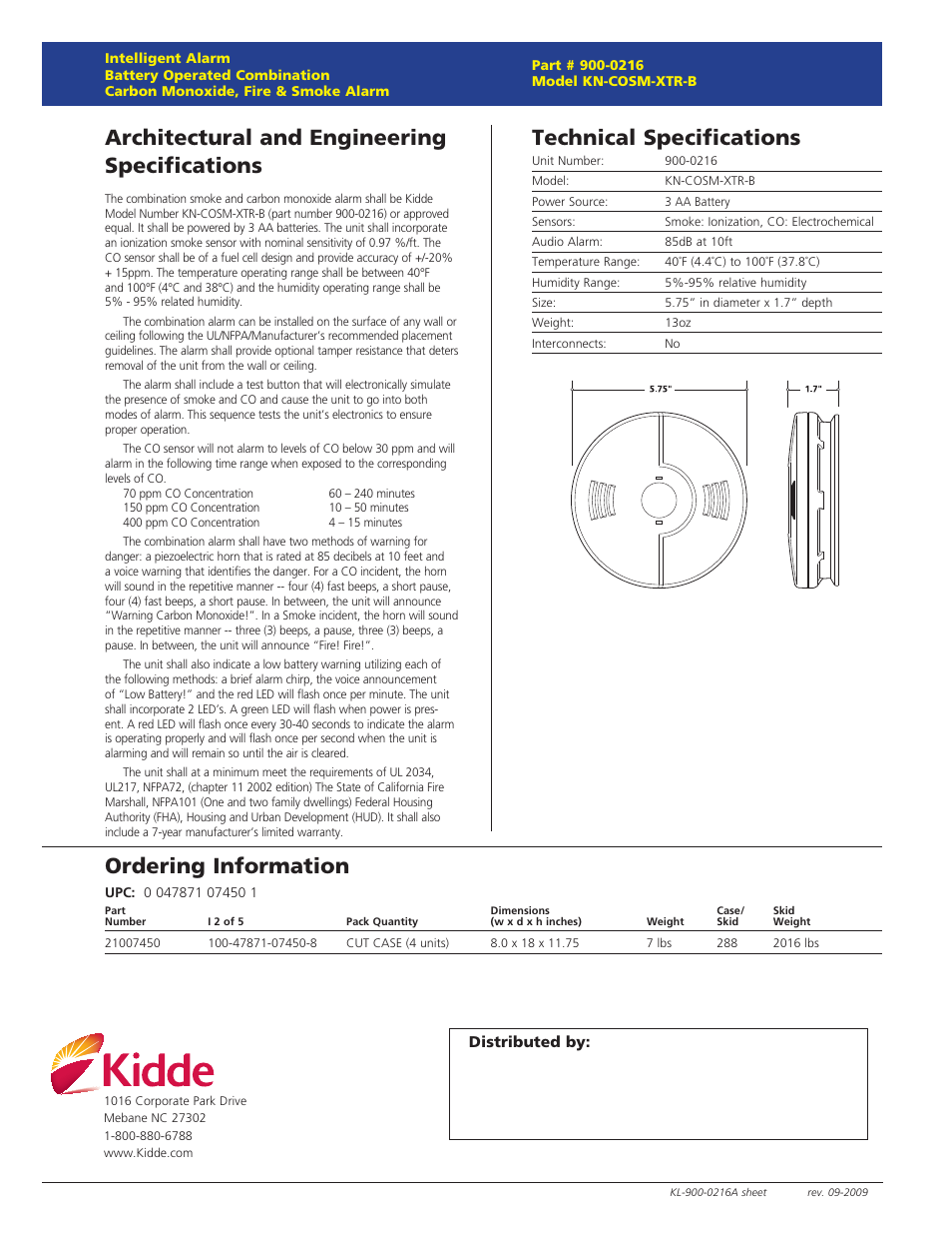Architectural and engineering specifications, Technical specifications, Ordering information | Kidde KN-COSM-XTR-B User Manual | Page 2 / 2