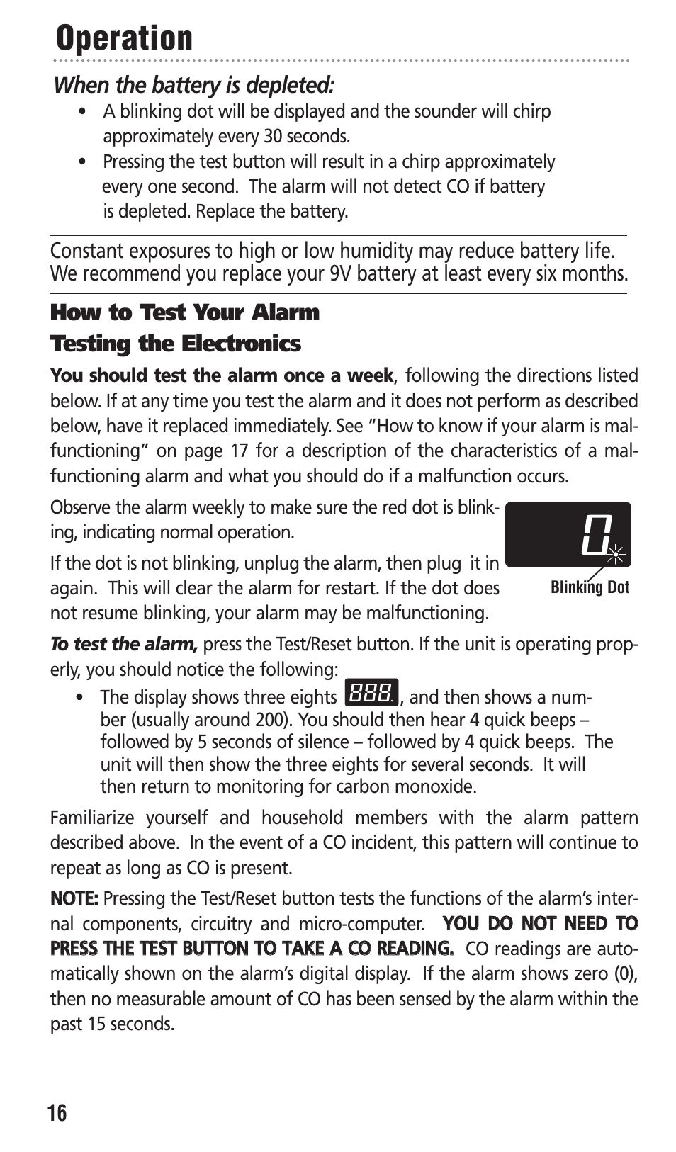 Operation, How to test your alarm testing the electronics, When the battery is depleted | Kidde KN-COPP-3 User Manual | Page 16 / 32
