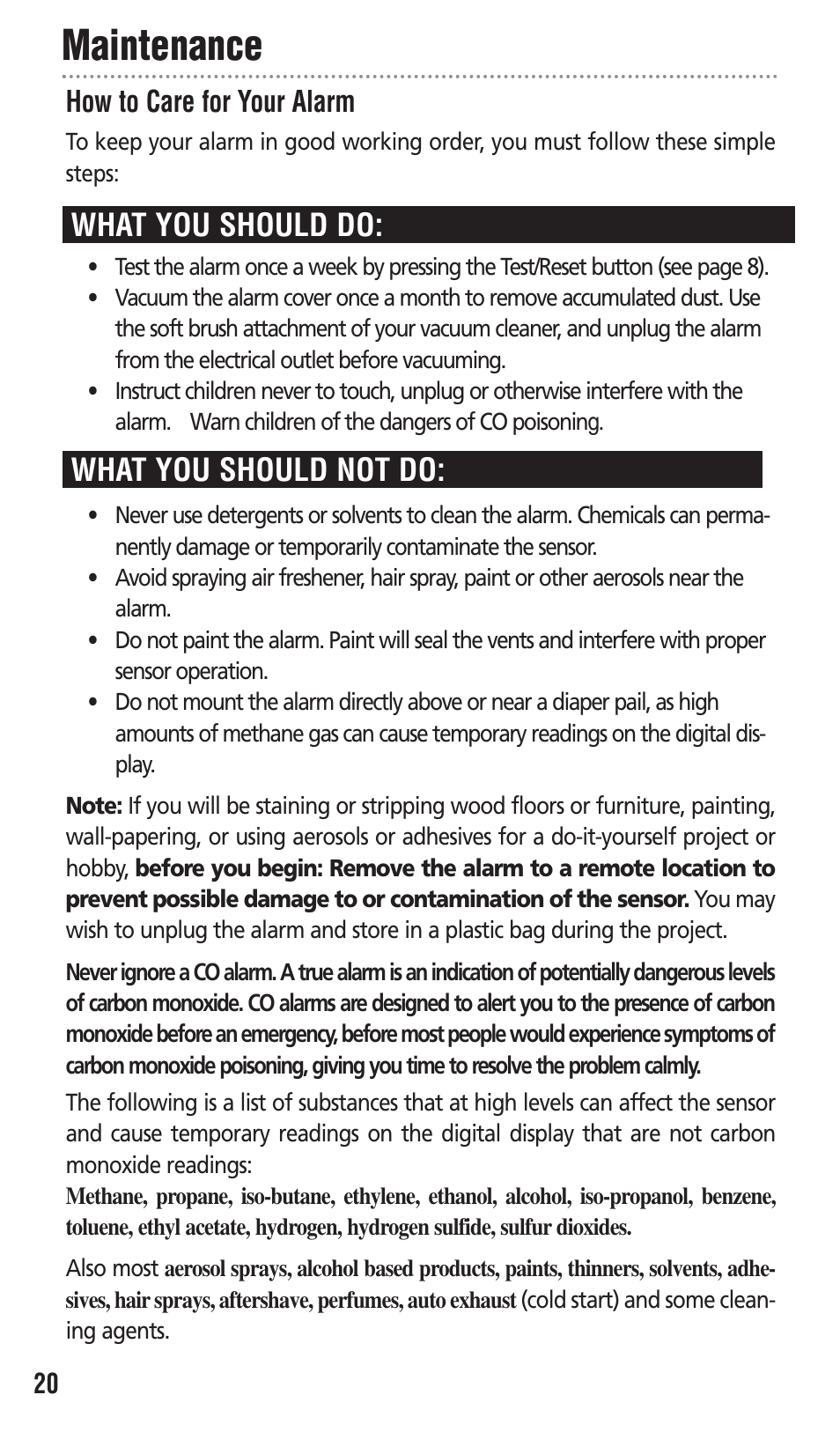 Maintenance, What you should do: what you should not do | Kidde KN-COPP-3 User Manual | Page 20 / 32