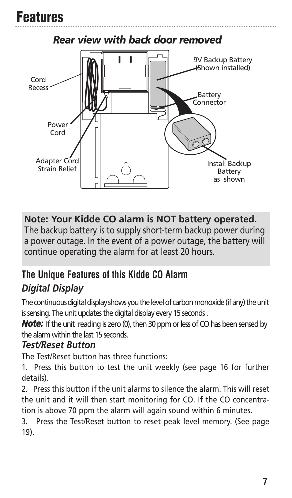 Features, Rear view with back door removed | Kidde KN-COPP-3 User Manual | Page 7 / 32