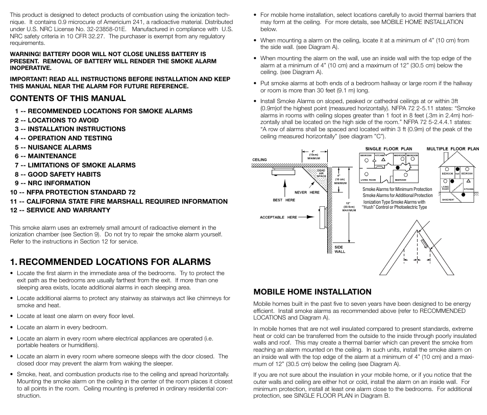 Recommended locations for alarms, Mobile home installation, Contents of this manual | Kidde 0916 User Manual | Page 2 / 6