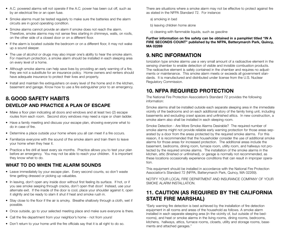 Nrc information, Nfpa required protection, Good safety habits | Kidde 0916 User Manual | Page 5 / 6