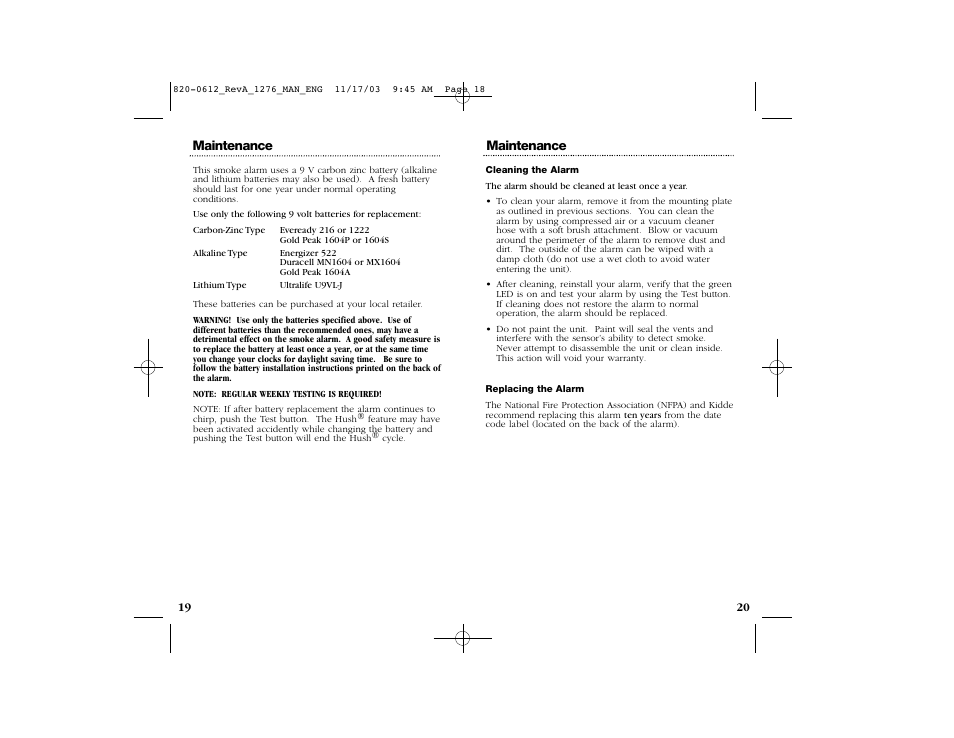 Maintenance | Kidde 1276CA User Manual | Page 11 / 14