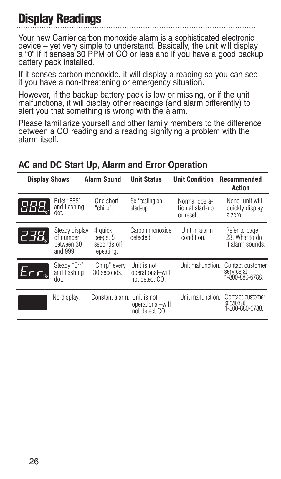 Display readings, Ac and dc start up, alarm and error operation | Kidde KN-COPP-3-RC User Manual | Page 30 / 35