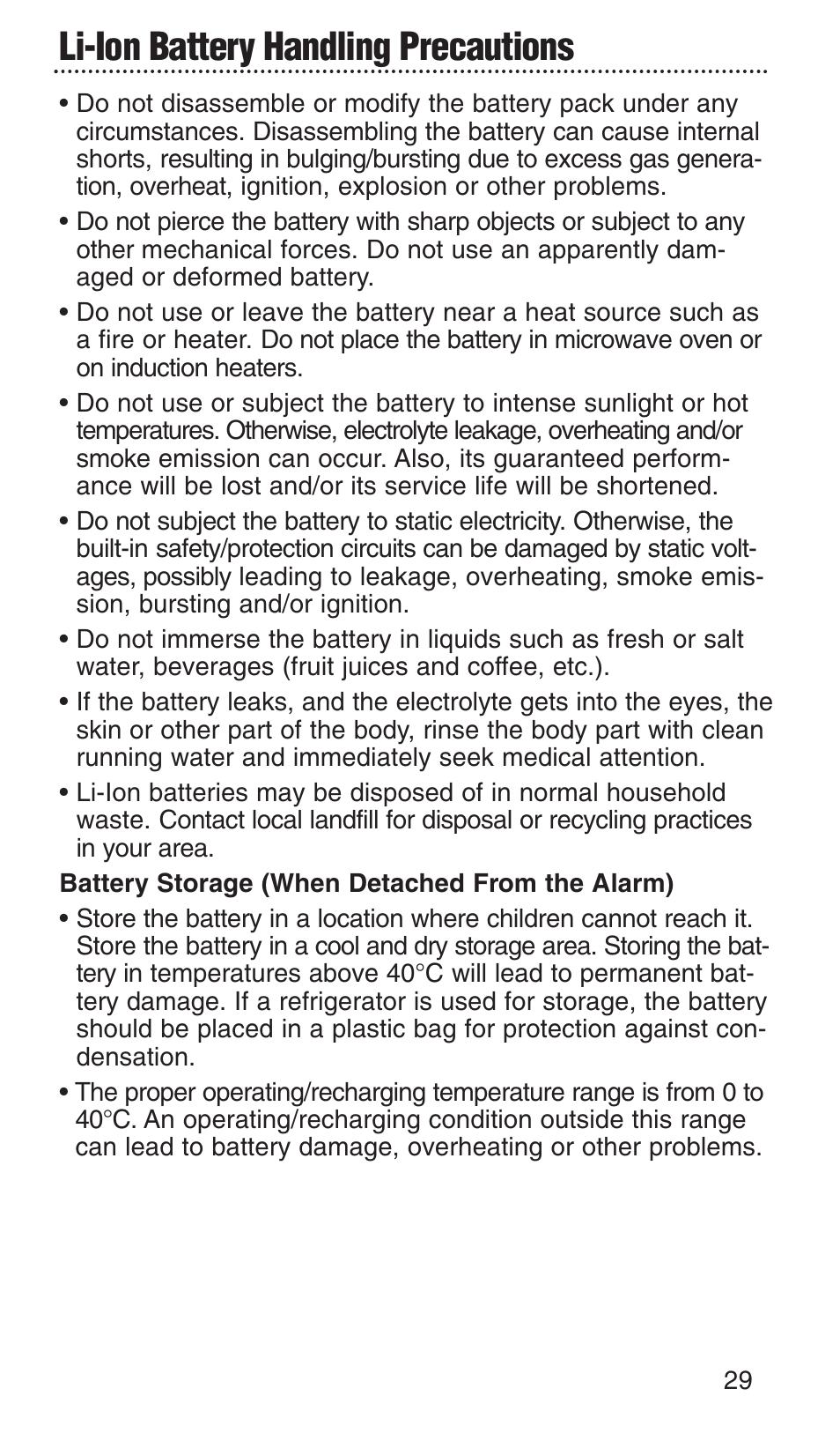 Li-ion battery handling precautions | Kidde KN-COPP-3-RC User Manual | Page 33 / 35