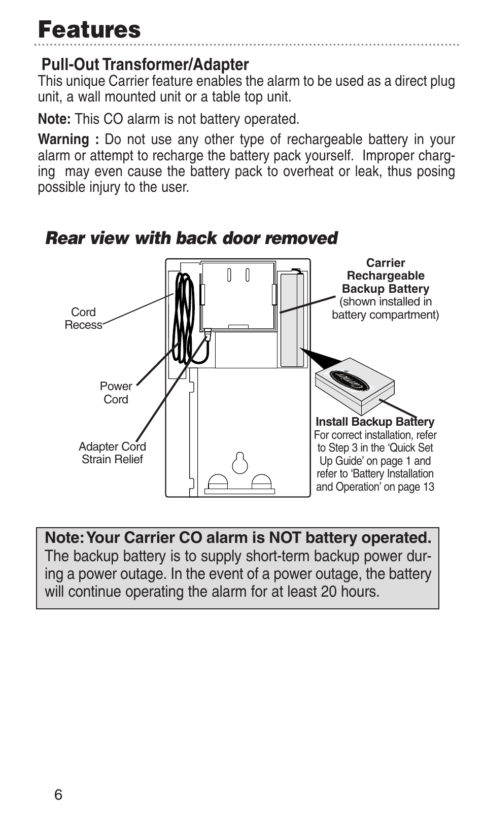 Features, Rear view with back door removed, Pull-out transformer/adapter | Kidde KN-COPP-3-RC User Manual | Page 9 / 35