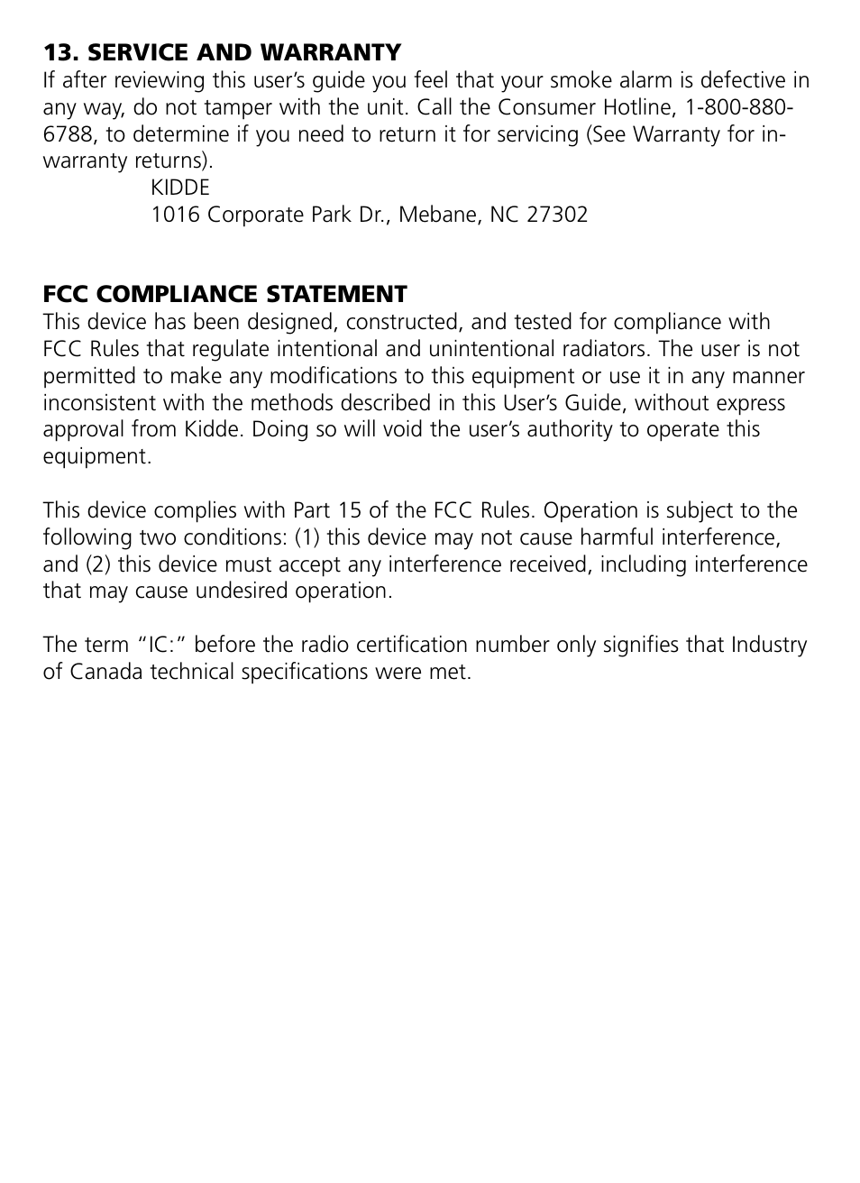 Service and warranty, Fcc compliance statement | Kidde RF-SM-ACDC User Manual | Page 21 / 22