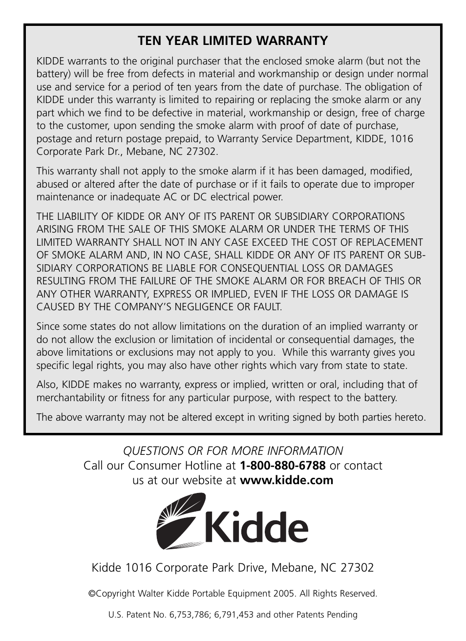 Ten year limited warranty | Kidde RF-SM-ACDC User Manual | Page 22 / 22