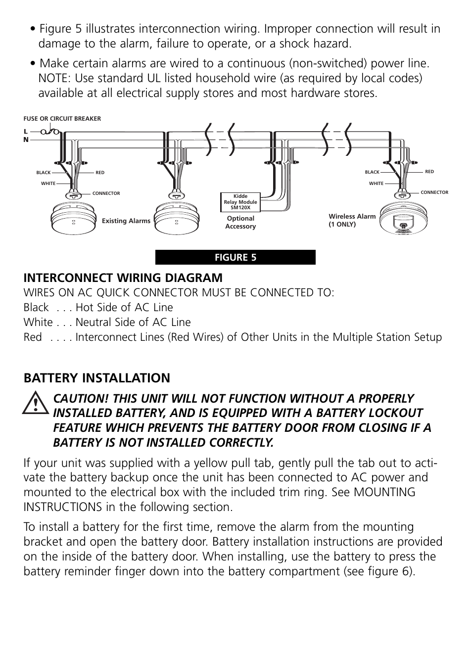 Battery installation, Interconnect wiring diagram, Figure 5 | Kidde RF-SM-ACDC User Manual | Page 9 / 22