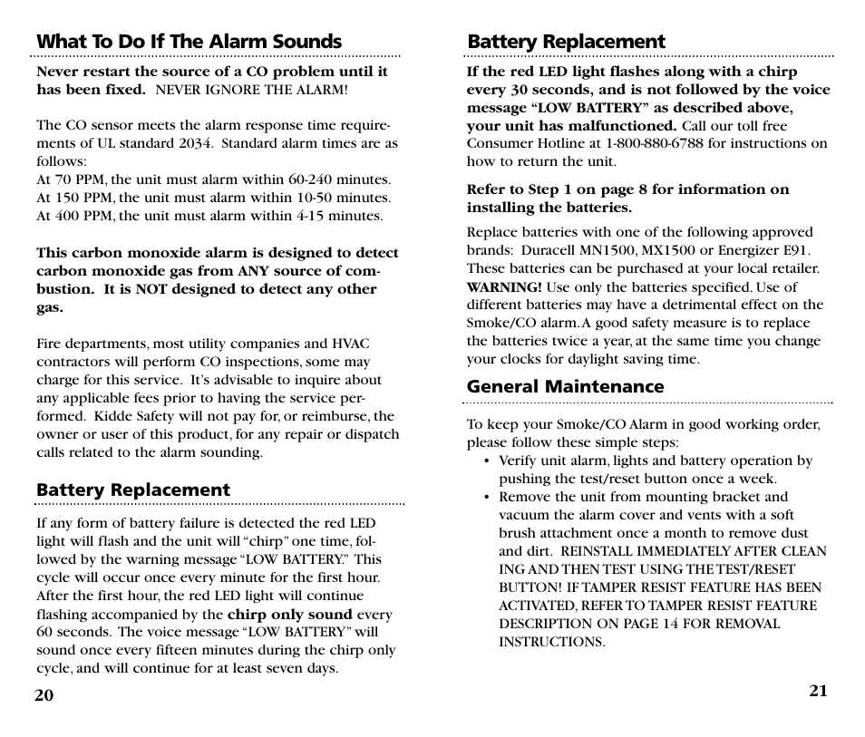 What to do if the alarm sounds, Battery replacement | Kidde KN-COSM-B User Manual | Page 12 / 18