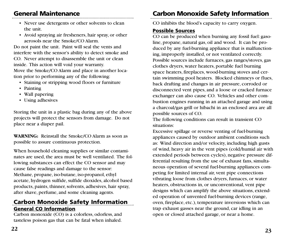 Carbon monoxide safety information, General maintenance | Kidde KN-COSM-B User Manual | Page 13 / 18