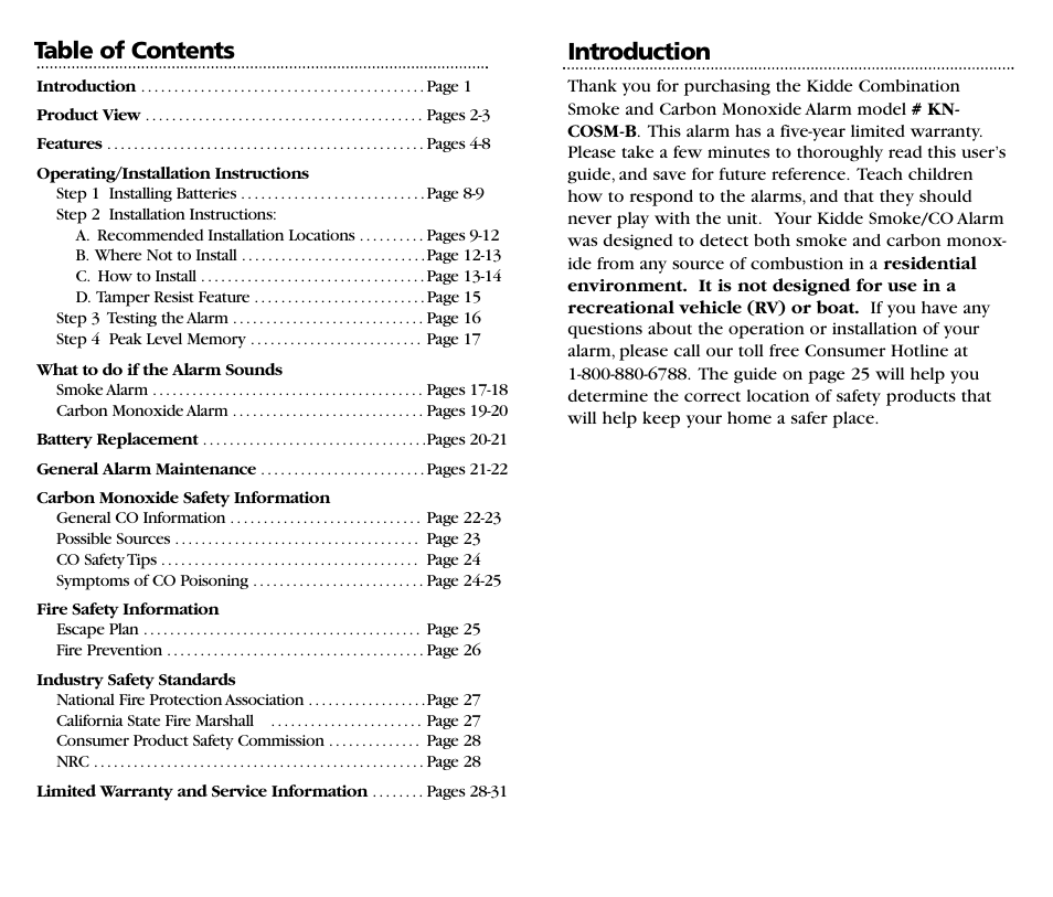 Table of contents introduction | Kidde KN-COSM-B User Manual | Page 2 / 18