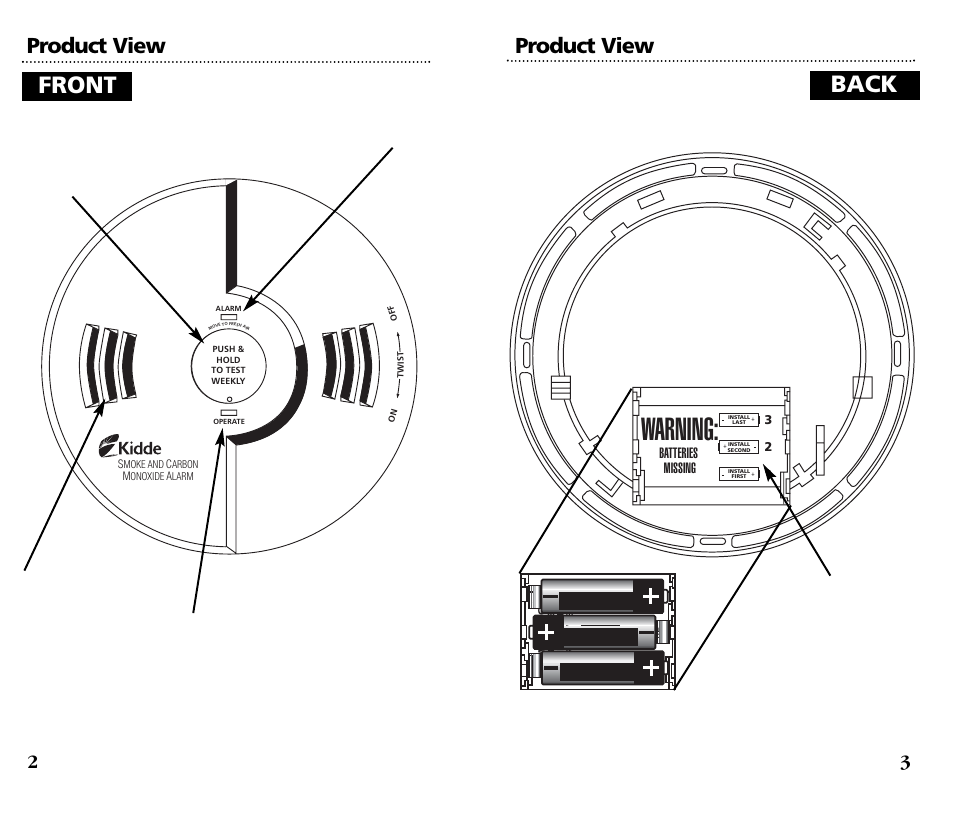 Warning, Front back, Product view | Kidde KN-COSM-B User Manual | Page 3 / 18