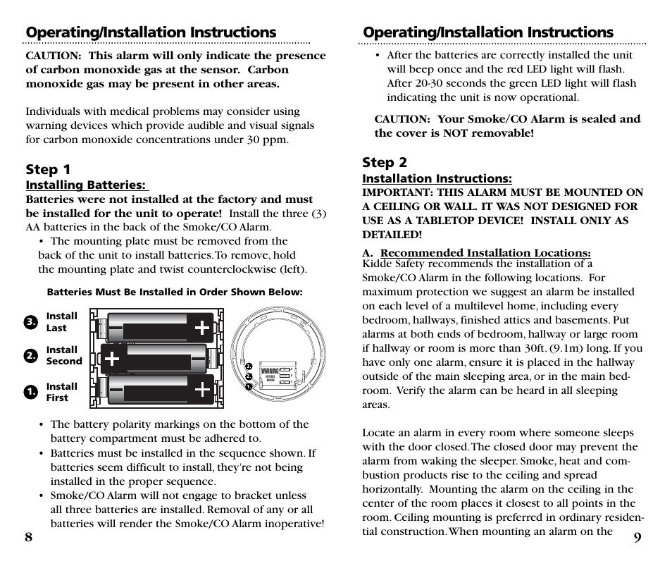 Operating/installation instructions, Step 1, Step 2 | Kidde KN-COSM-B User Manual | Page 6 / 18