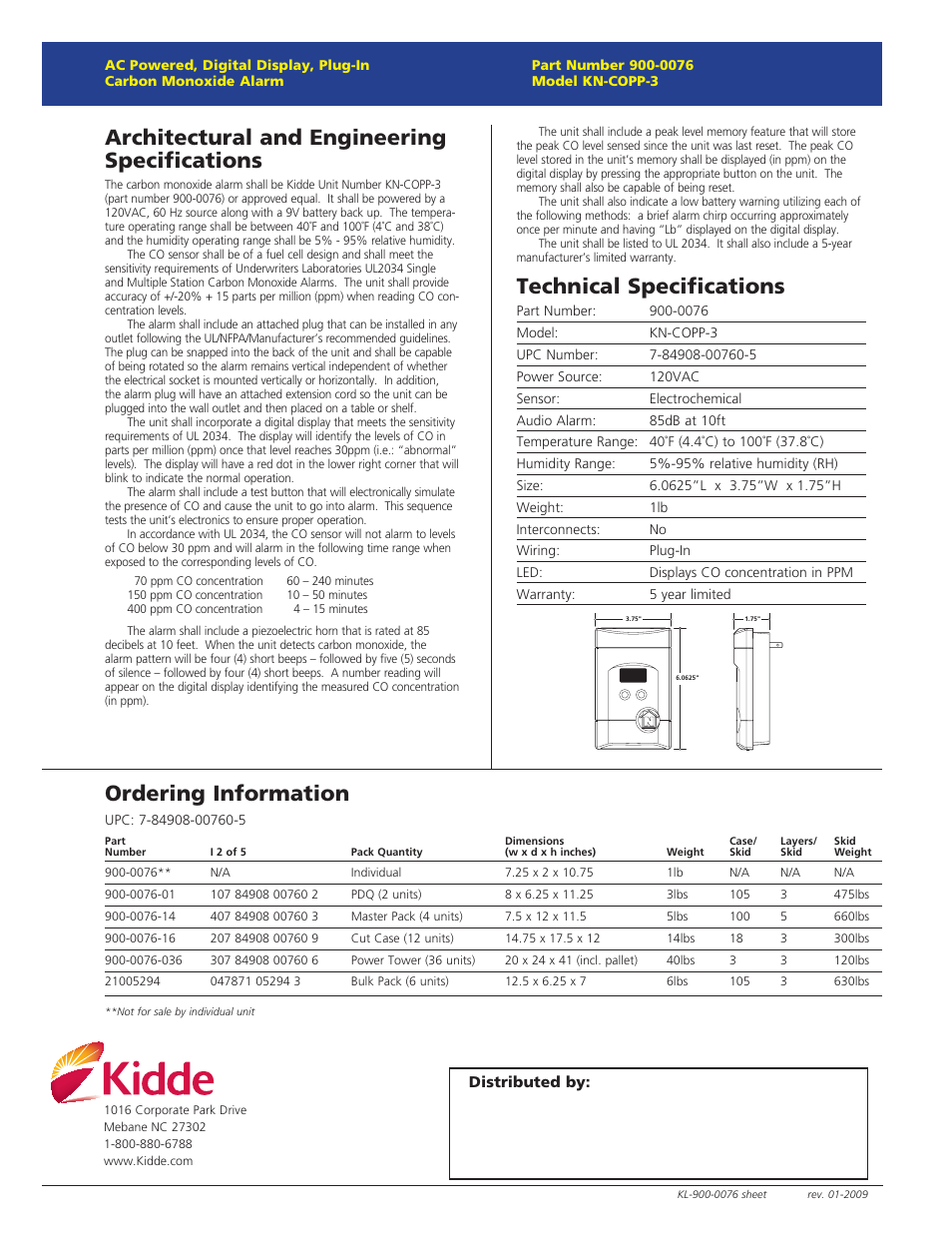 Architectural and engineering specifications, Technical specifications, Ordering information | Kidde KN-COPP-3 User Manual | Page 2 / 2