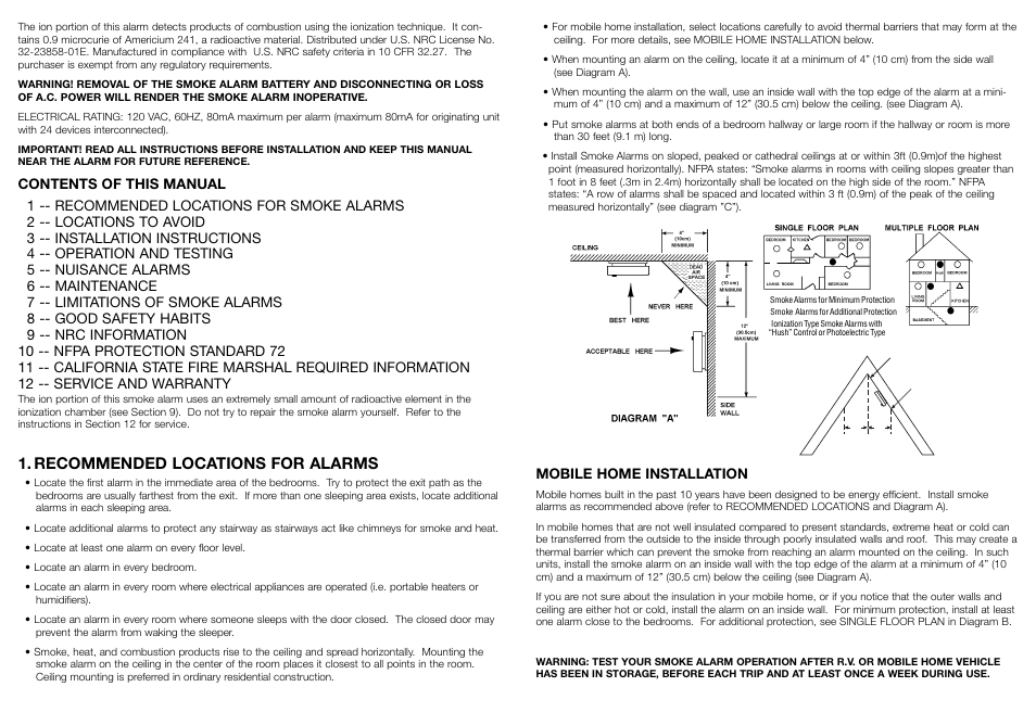 Recommended locations for alarms, Mobile home installation | Kidde PI 2000 User Manual | Page 2 / 7